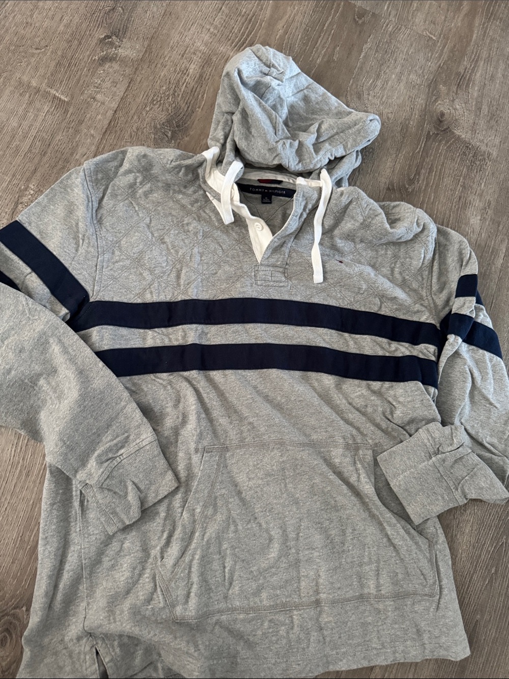 Tommy Hilfiger Gray Pullover Hoodie with Navy Stripes